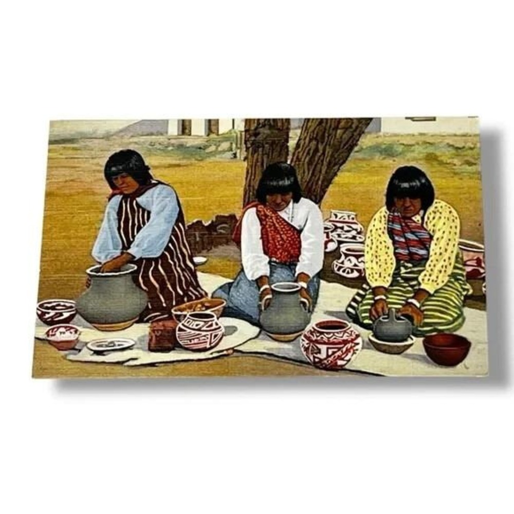 Postcard Pueblo Indian Women Making Pottery Linen Card C346